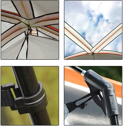 Close up of painted steel pipe frame on camping tent 3-5 people family tent
