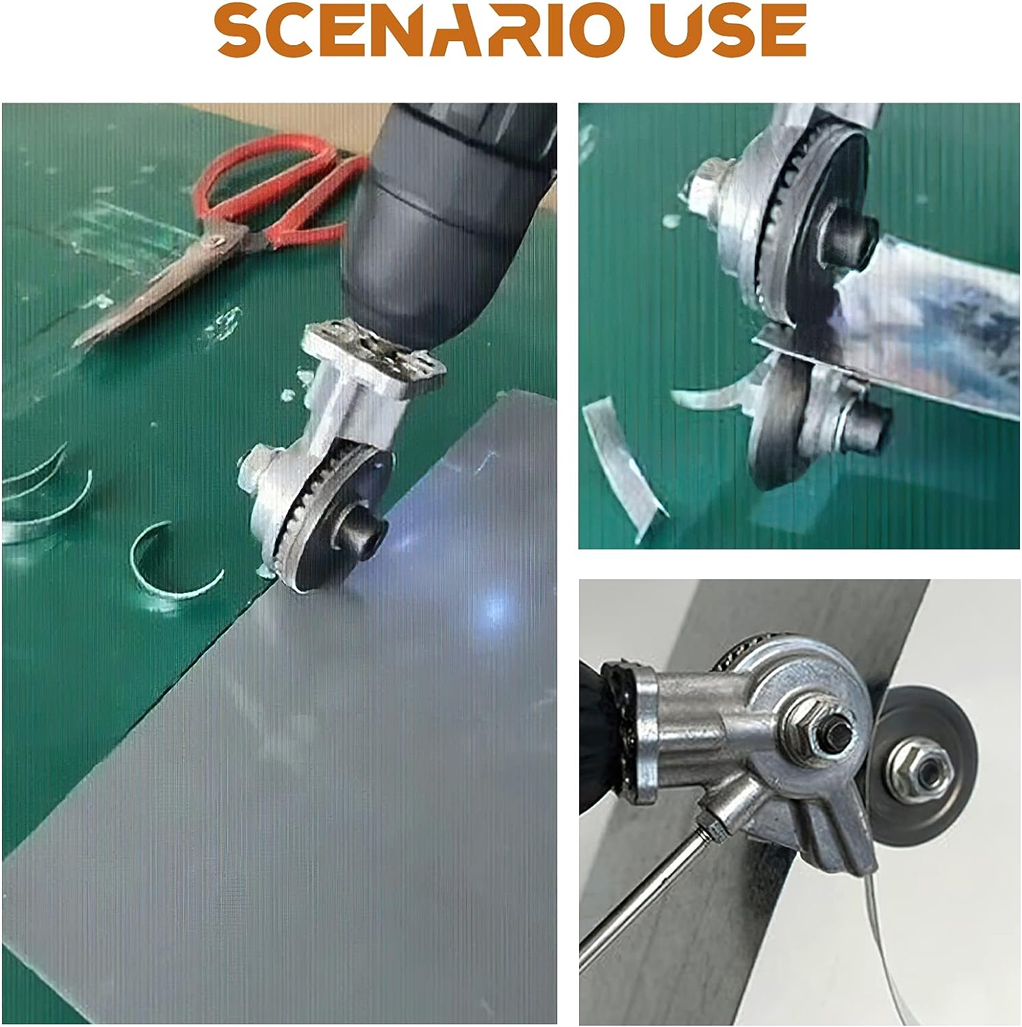 Metal cutting edge of sheet metal nibbler drill plate cutter in use