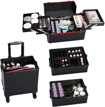 Close up of lockable clamps on black makeup travel case trolley
