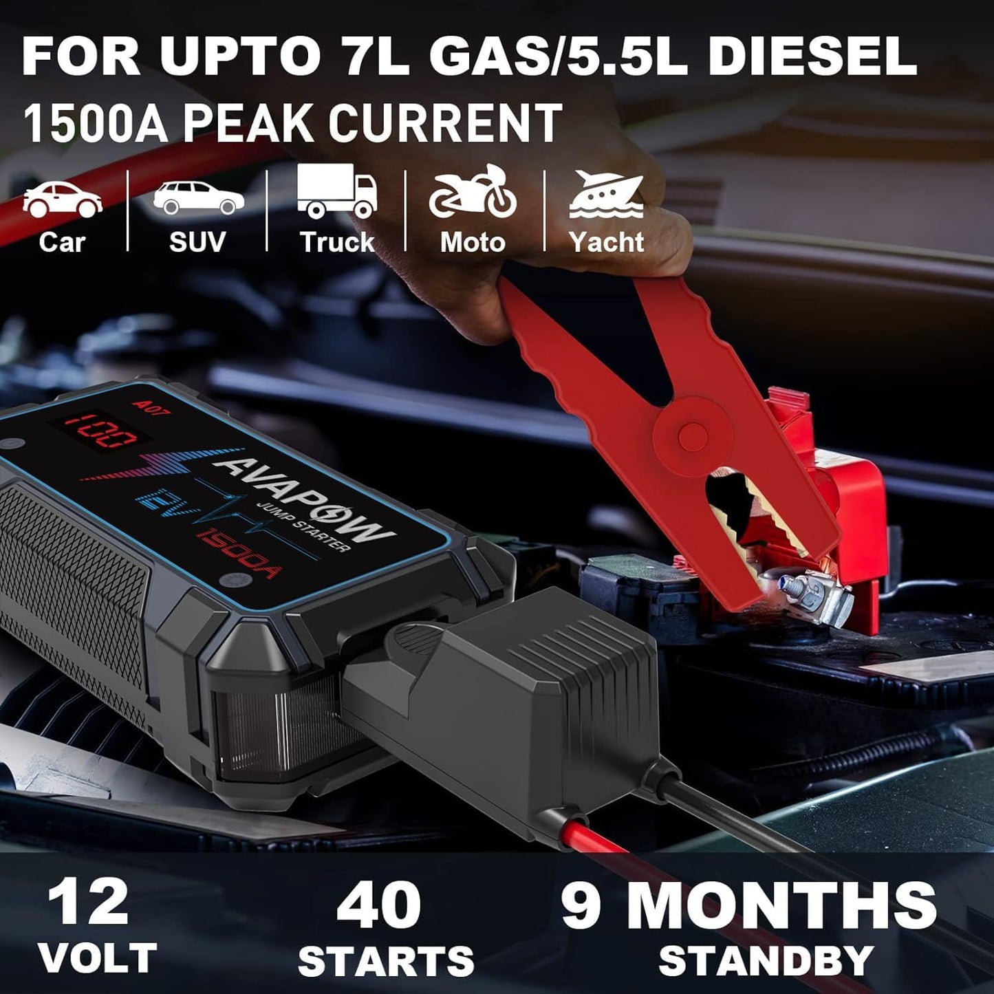 Car jump starter placed beside a motorcycle for scale