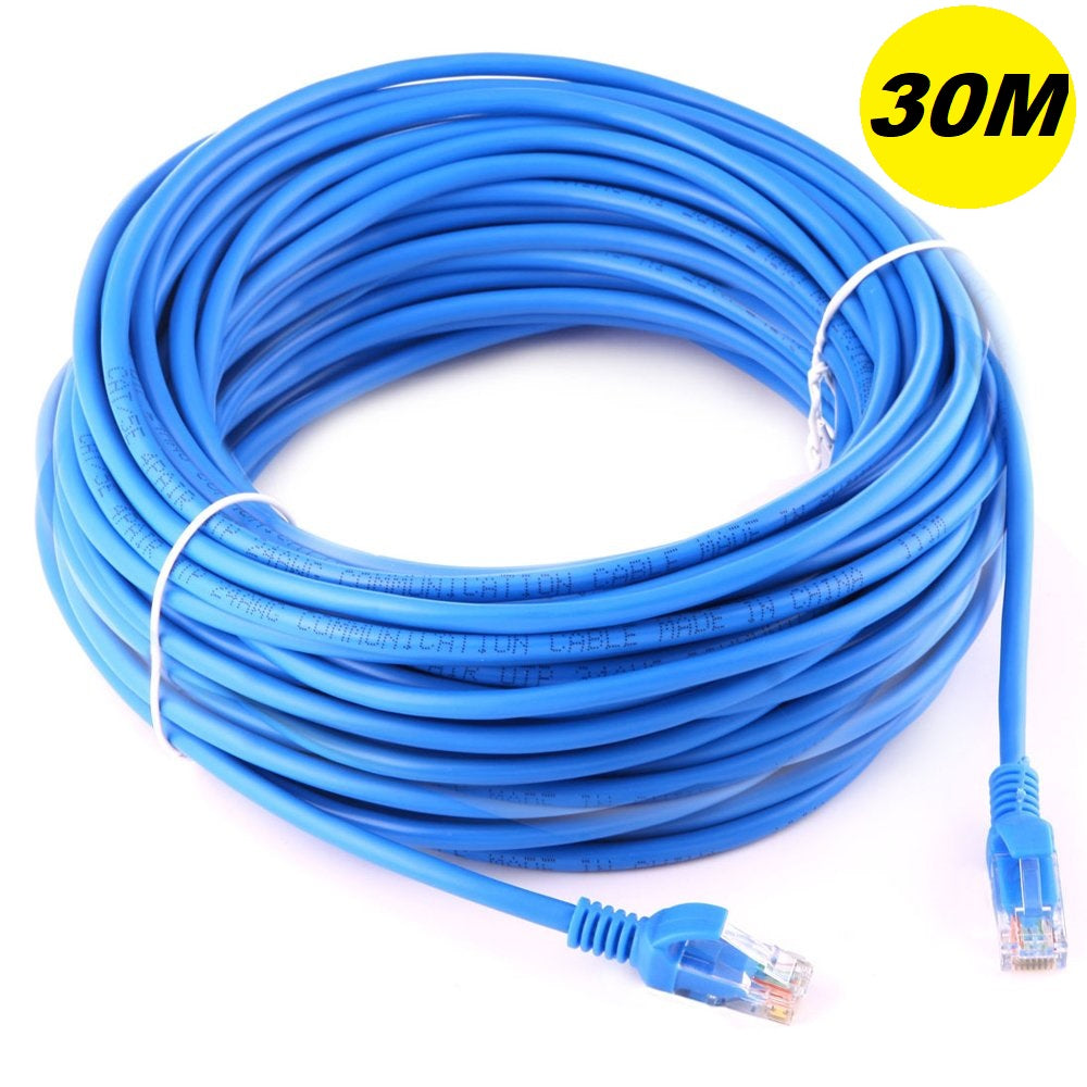 Side angle of LAN cable Ethernet cable 30 metre blue showing cable thickness