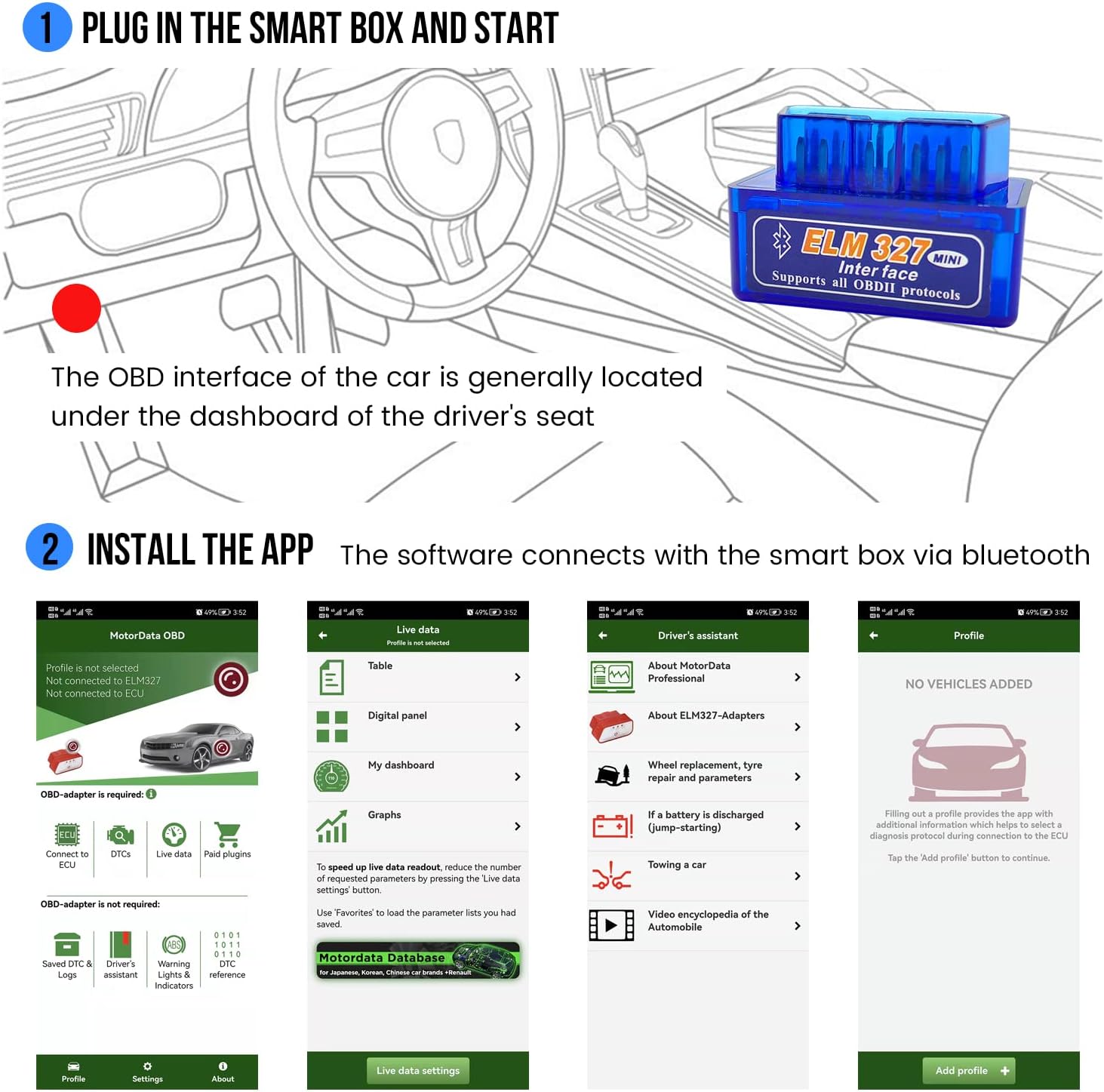 Side angle of compact OBD2 Bluetooth scanner in black plastic case