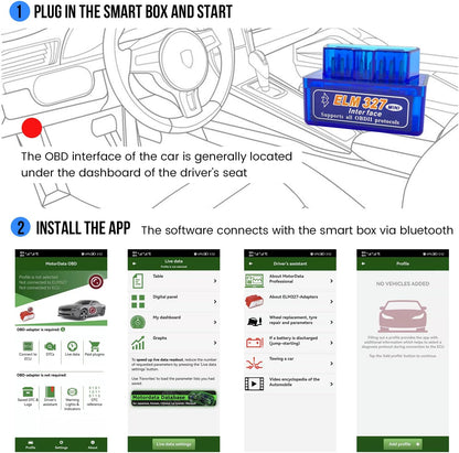 Side angle of compact OBD2 Bluetooth scanner in black plastic case