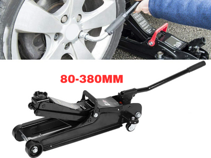 Wide swivel casters on black steel trolley floor jack