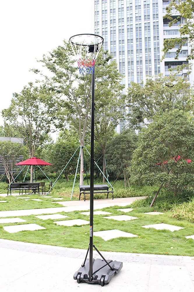 Top view of regulation-sized netball hoop and stand set