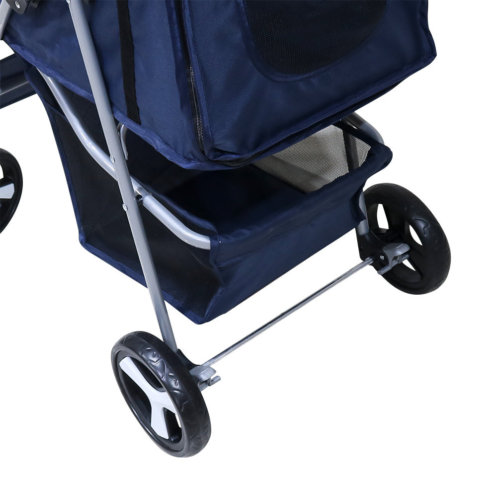 Pet stroller handle with comfortable grip in dark blue