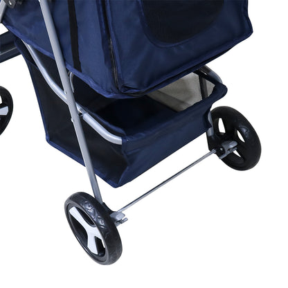 Pet stroller handle with comfortable grip in dark blue