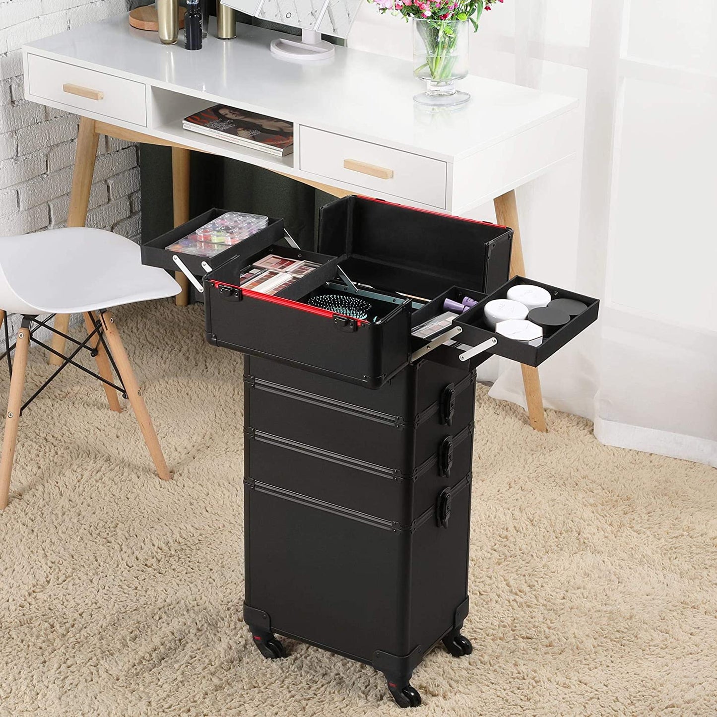 Compact top case section of aluminium makeup travel case trolley