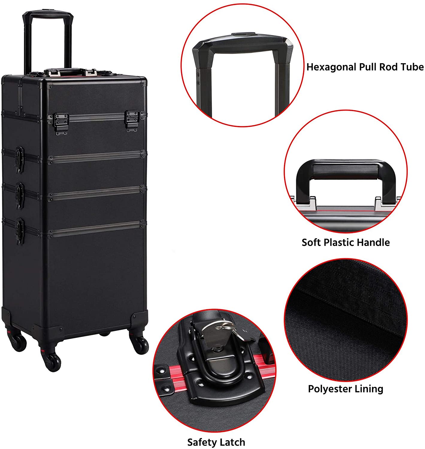 Metal and plastic reinforced corners on makeup travel case trolley