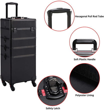 Metal and plastic reinforced corners on makeup travel case trolley