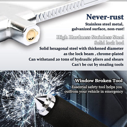 Car steering wheel lock showing hook diameter and locking mechanism