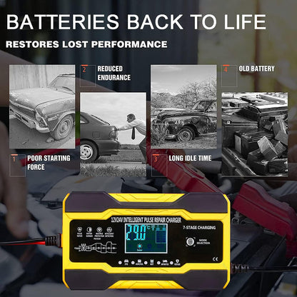 Car battery charger showing temperature monitoring on LCD