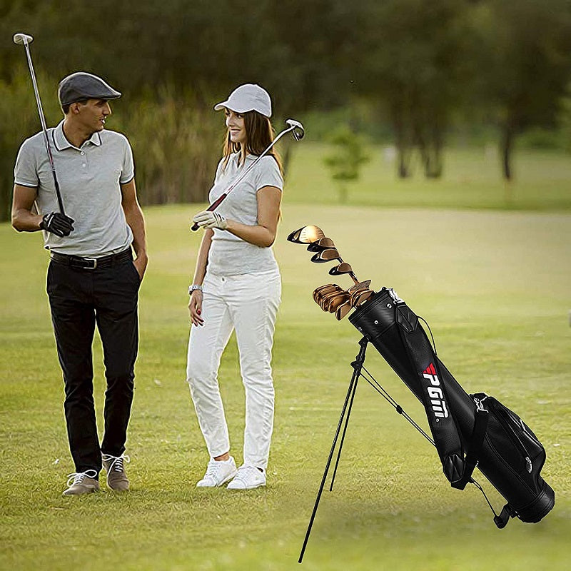 Golf travel bag standing upright on uneven ground