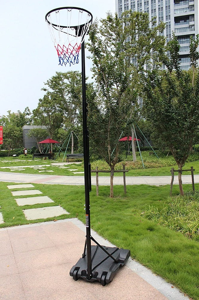 Side view of netball hoop and stand set with powder-coated finish