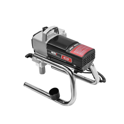 Airless paint sprayer with spray extension rod attached