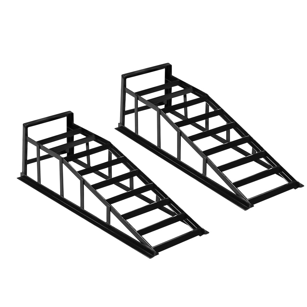 Car ramps stacked upright for easy storage