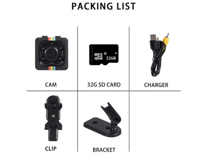 Mini camera displayed with user manual and accessories