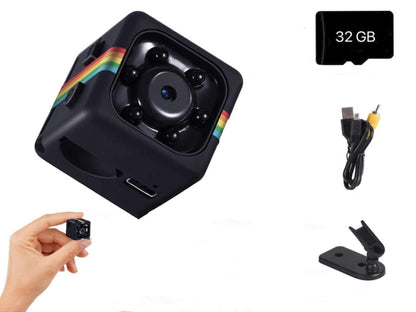 Mini camera displayed with user manual and accessories