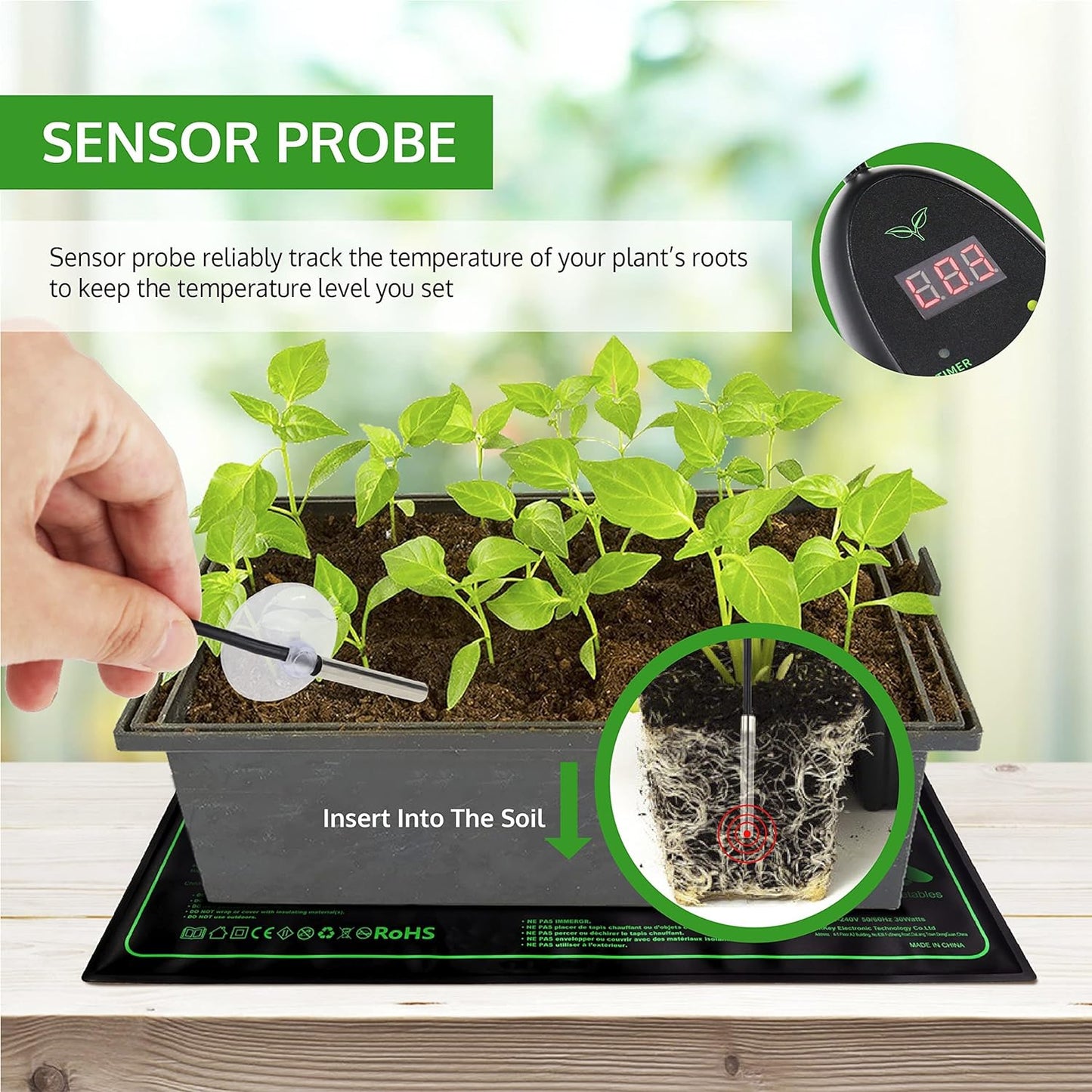 Seedling heat mat temperature control dial set between 20 and 45 degrees