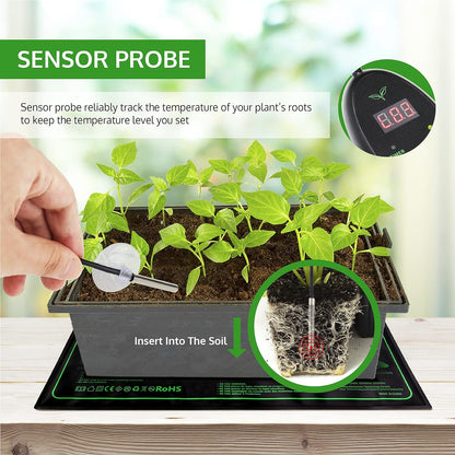 Seedling heat mat temperature control dial set between 20 and 45 degrees