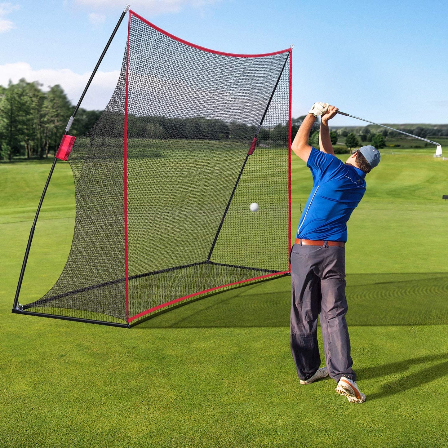 Golf practice net corner showing reinforced stitching