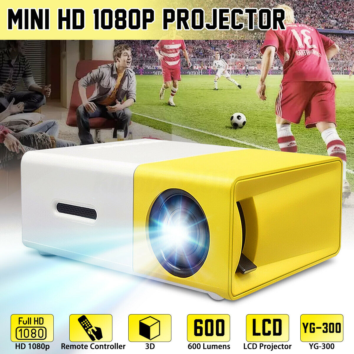 Top angle of yellow and white portable HD projector