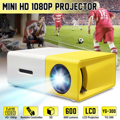 Top angle of yellow and white portable HD projector