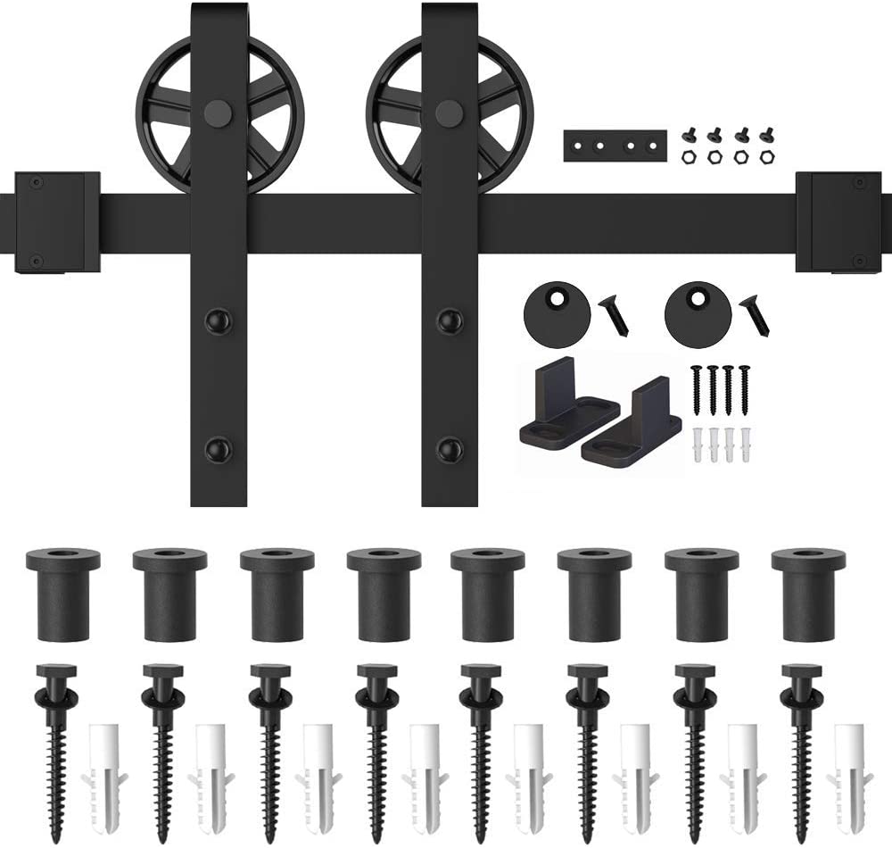 Side view of barn door hardware with anti-jump pad installed