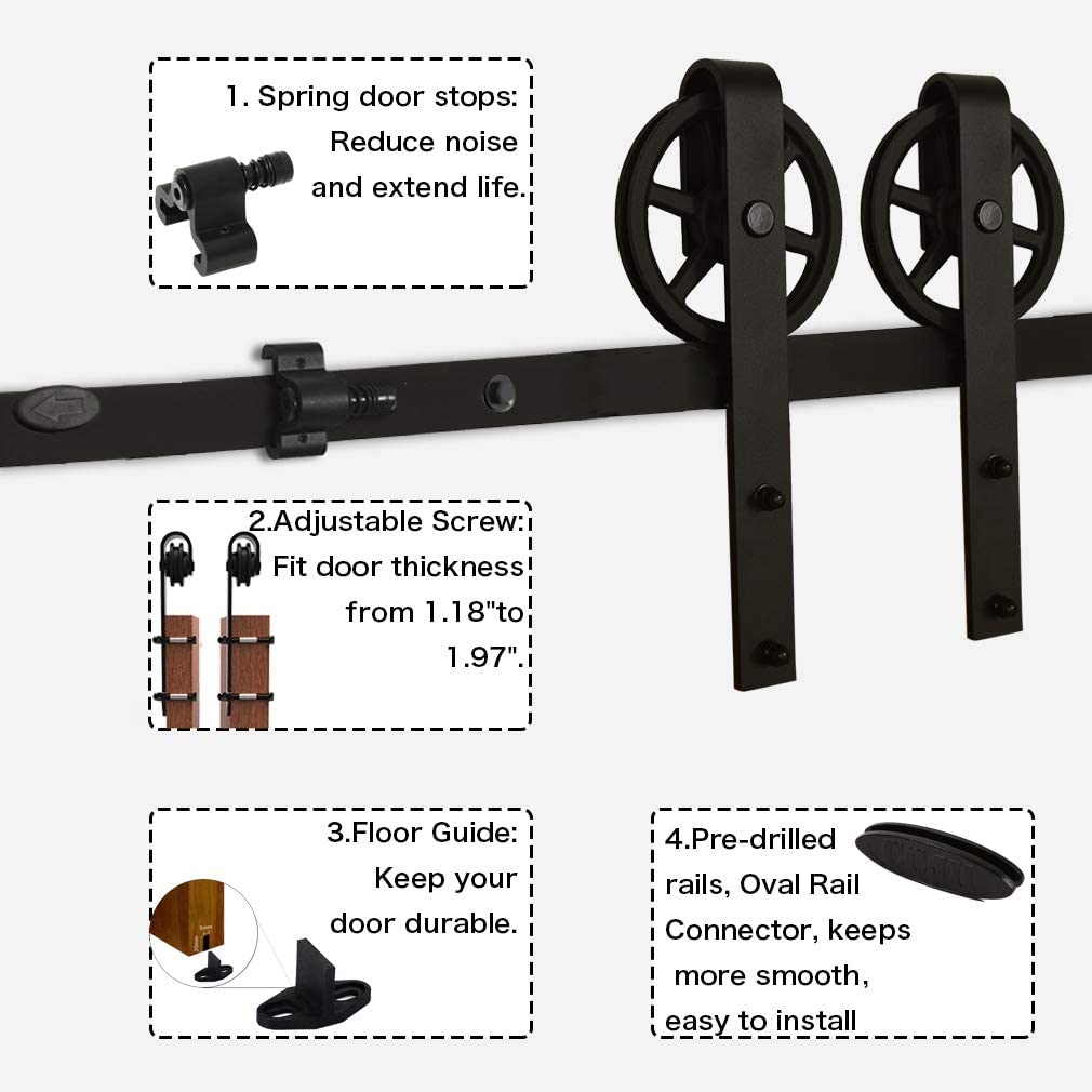 Barn door hardware door stopper attached to rail for safety