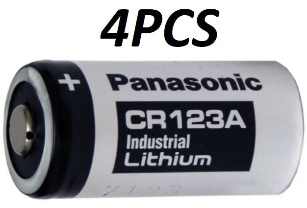 Four CR123A Panasonic batteries arranged on a white background