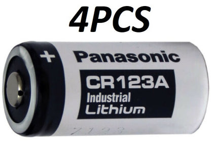 Four CR123A Panasonic batteries arranged on a white background