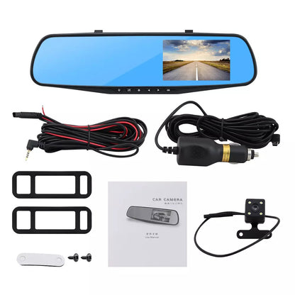 Side angle of car dash camera mounted on rearview mirror