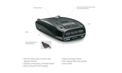 Uniden DFR7 displaying red light alert camera warning