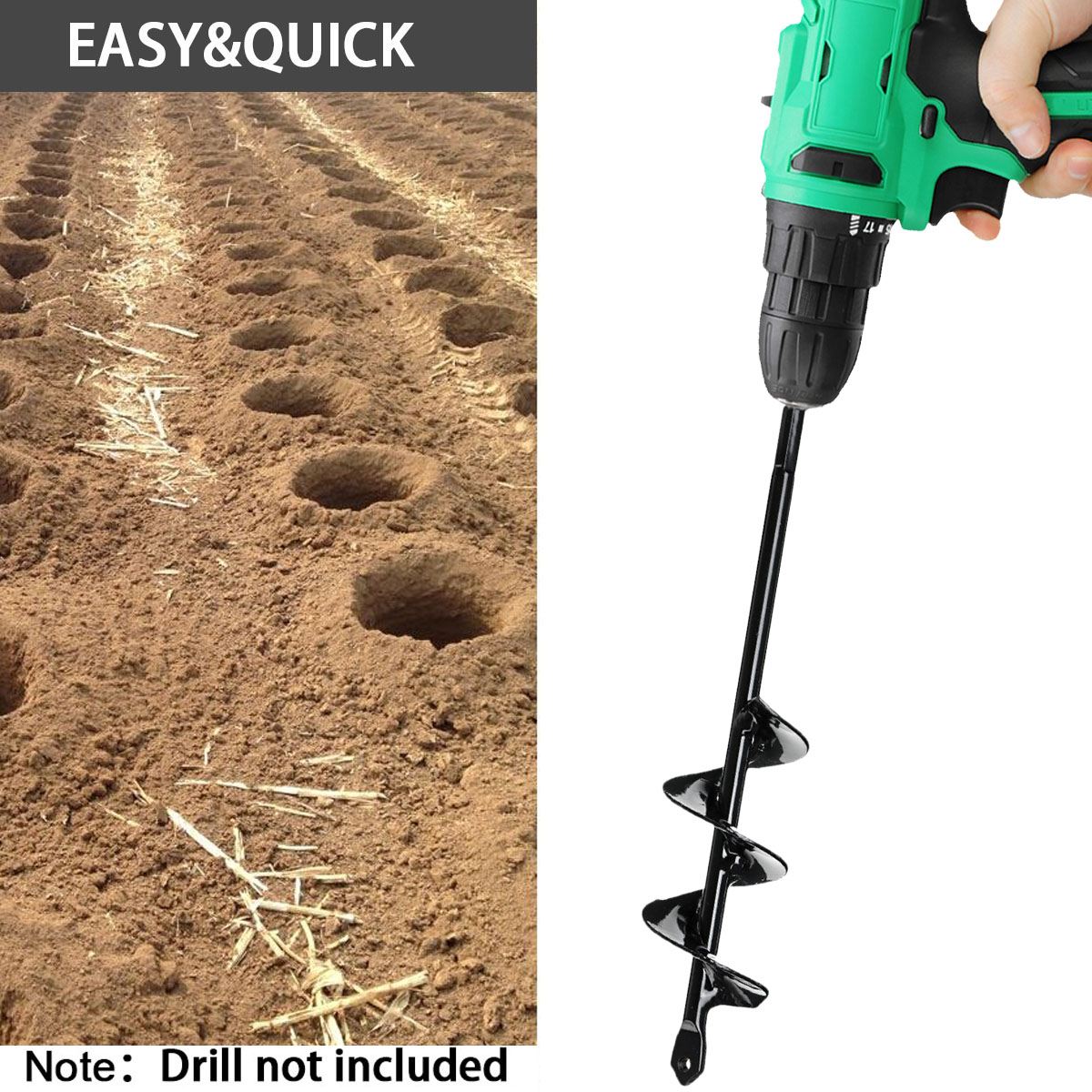 Drill bit digging a 50mm wide hole in garden soil
