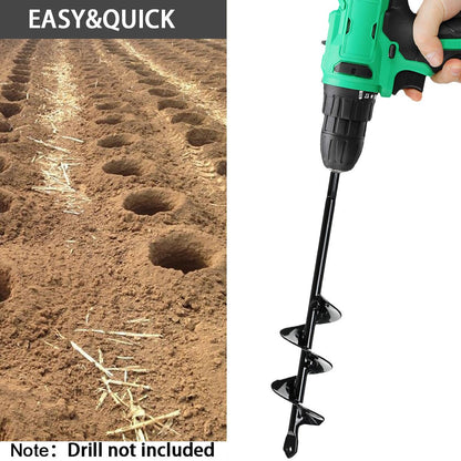 Drill bit digging a 50mm wide hole in garden soil