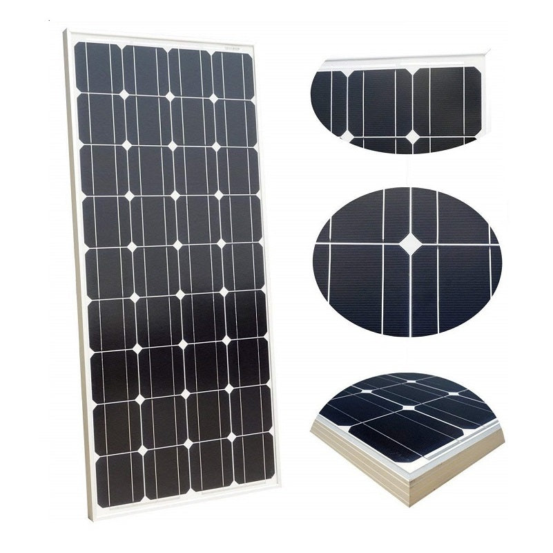 Side view of 100W solar panel kit with mounting brackets attached