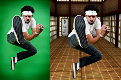 Green screen backdrop hanging flat for video use