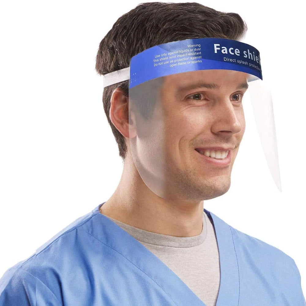 Protective face shield worn by person showing clear vision