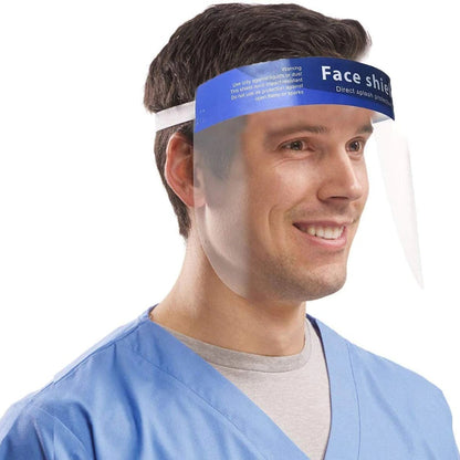 Protective face shield worn by person showing clear vision