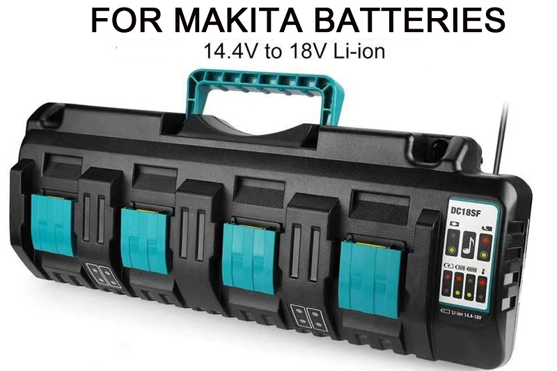 Close up of LED indicators on Makita 144-18V charger