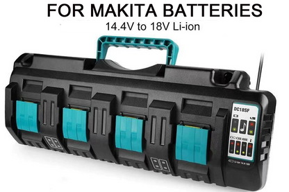 Close up of LED indicators on Makita 144-18V charger