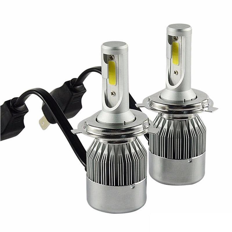 H4 LED car headlight bulb glowing in low light