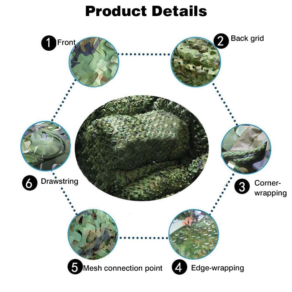 Side view of camo net with interval ropes for tightening