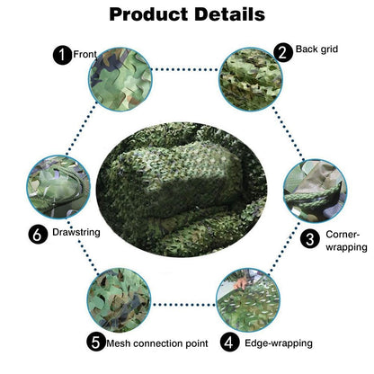 Side view of camo net with interval ropes for tightening