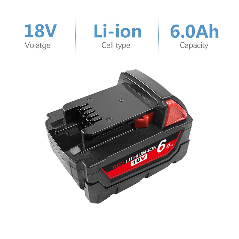 Top angle of Milwaukee M18 18V 60Ah battery highlighting sturdy casing