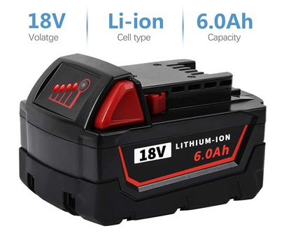 Milwaukee M18 18V 60Ah battery with label showing voltage and capacity