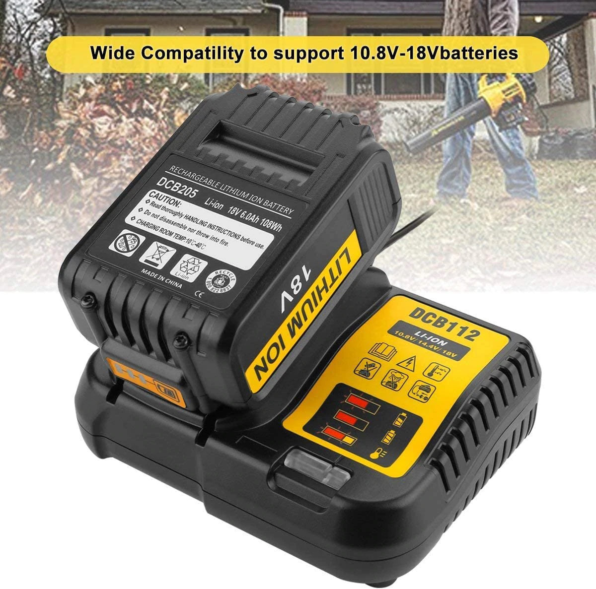 Lightweight Dewalt battery charger DCB112 held in hand for size