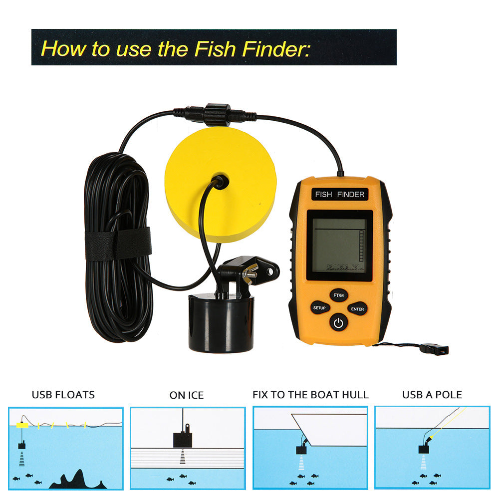 Sonar sensor floating on water surface with cable attached