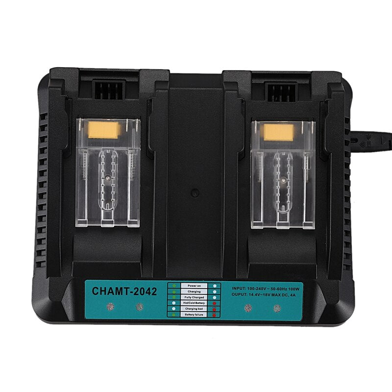 Close up of LED indicator lights on Makita battery charger