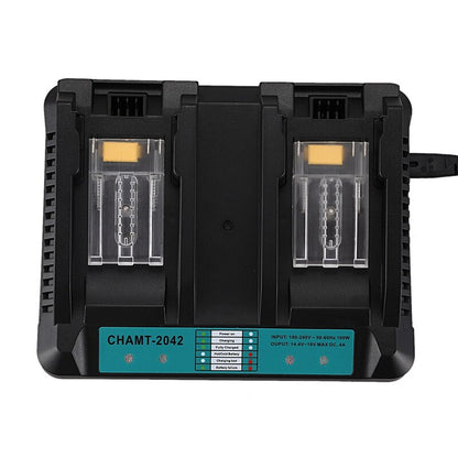 Close up of LED indicator lights on Makita battery charger